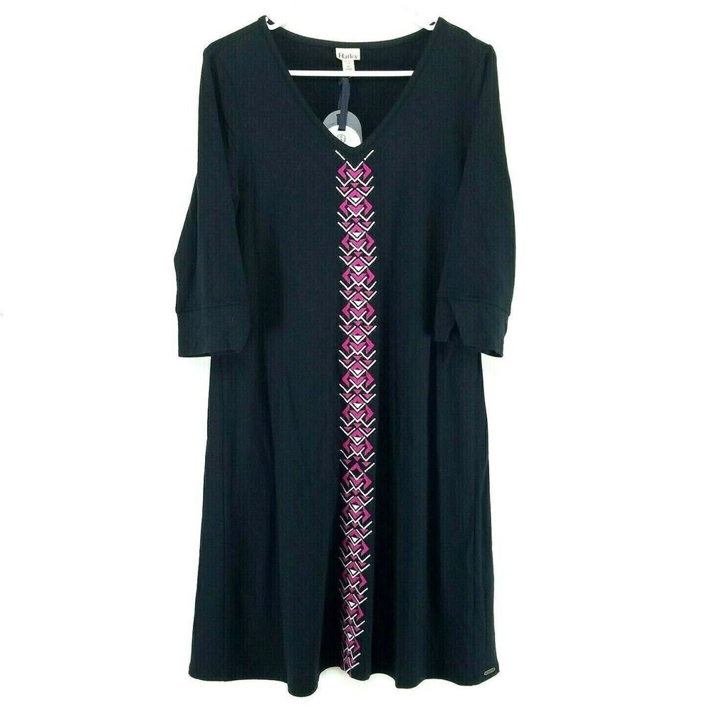 Hatley Elsie Dress Medium Black Pink Knit Embroidered 3/4 Sleeves V-Neck Swing